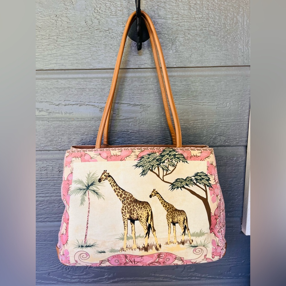 St. John's Bay Pink and Tan Giraffe Print & Beaded Canvas Tote - Picture 5 of 9